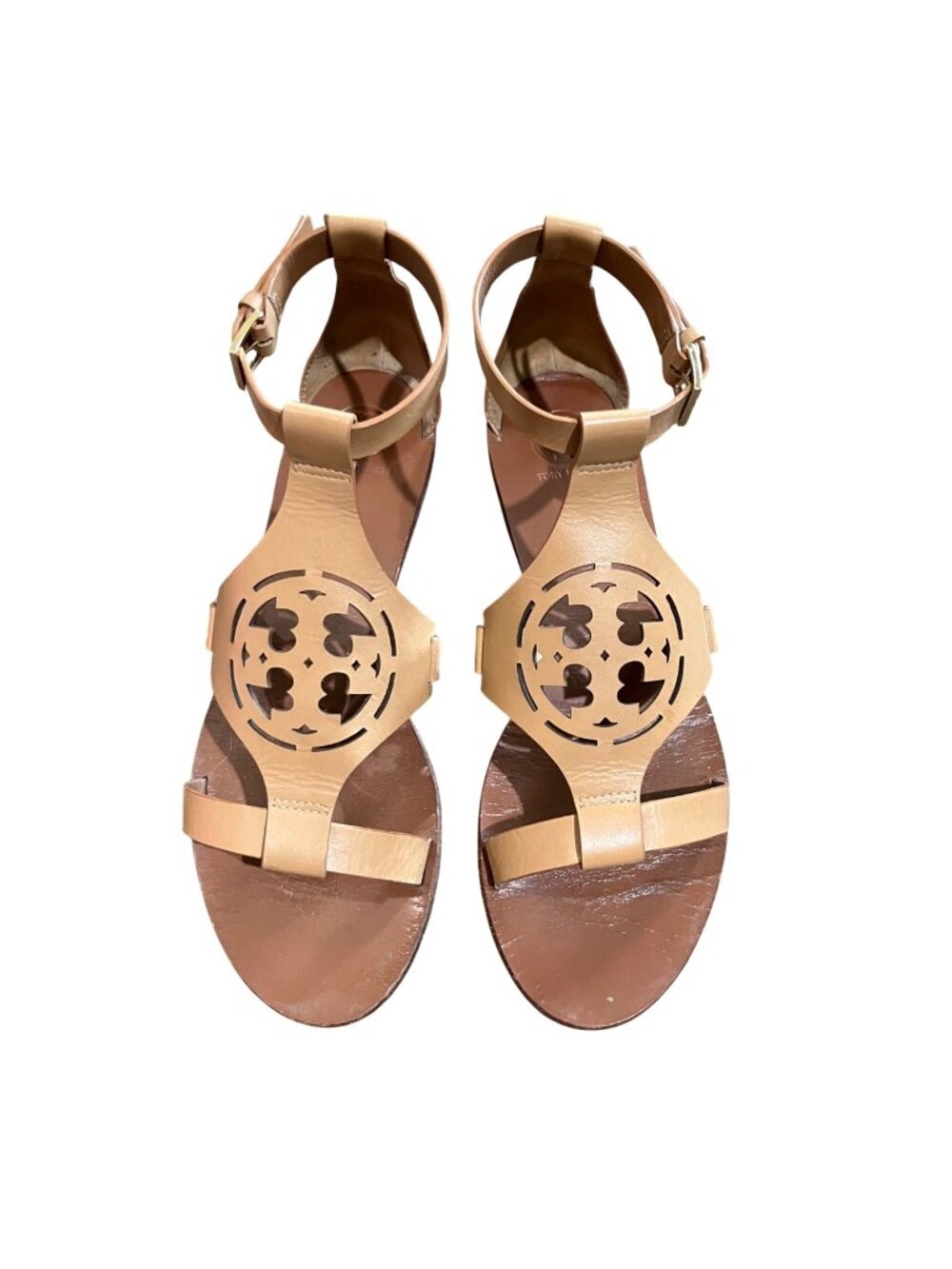Tory Burch Zoey 10MM Sandals Women 8.5 Sand Tan Leather Cutout Ankle Strap Used